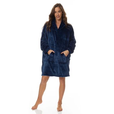 Royal Comfort Reversible Coral Fleece Snug Navy Hoodie Nightwear